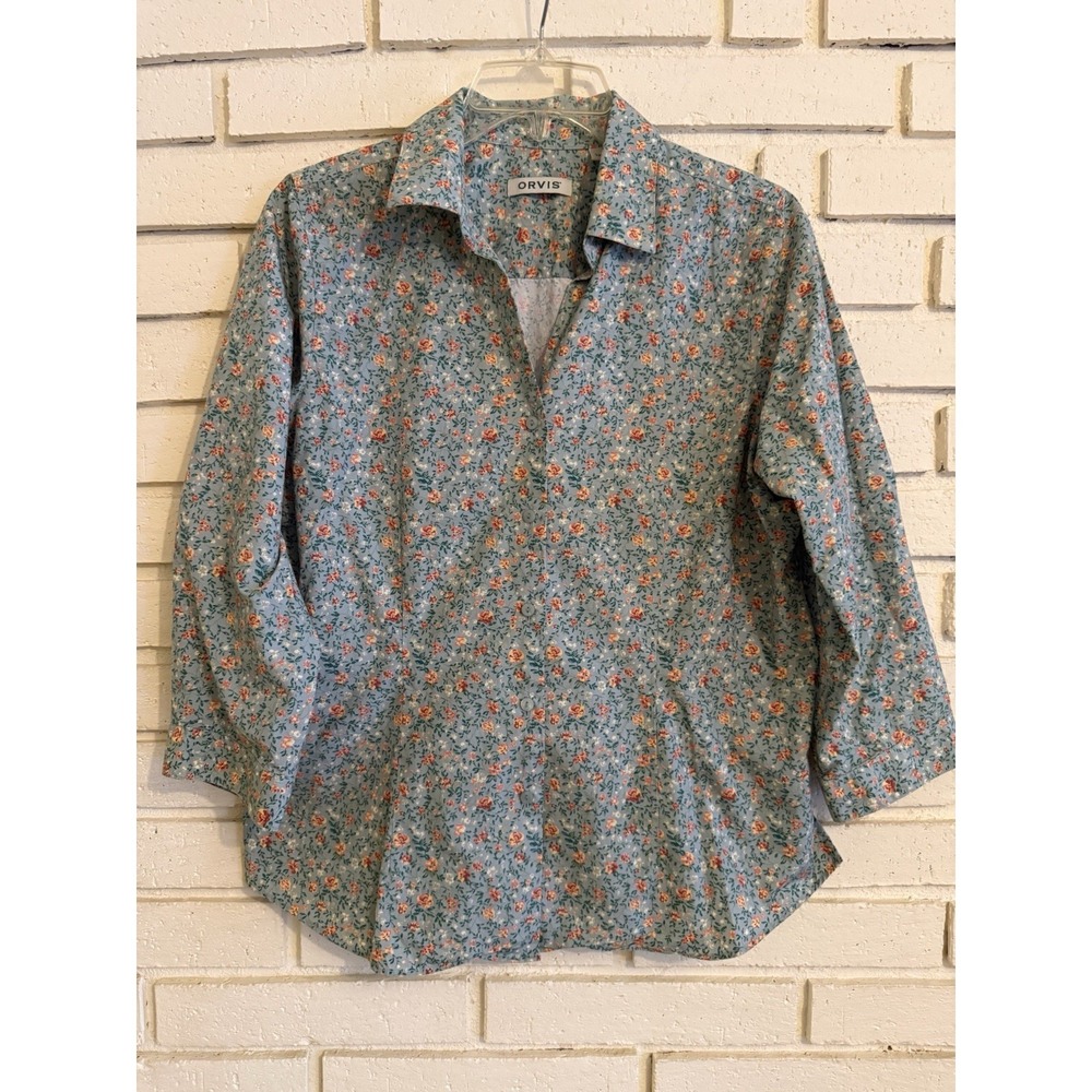 Orvis Woman's Shirt Top Sz 12 Blue Roses Cotton Casual Button 3/4 Sleeve Blouse